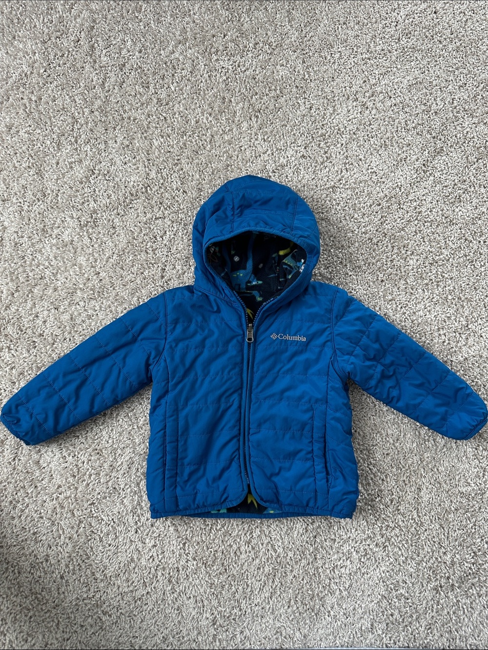 Columbia Kids Reversible Royal Blue Hooded Puffer Jacket with Dino Fleece 18-24m